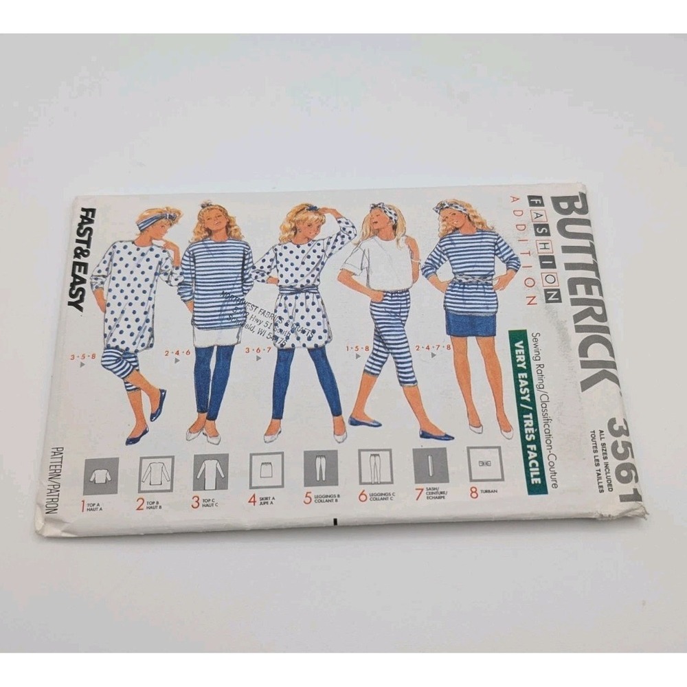 Vintage Butterick Girls Leggings Top Skirt Sewing Pattern 3561 Uncut 80s Sz 7-14